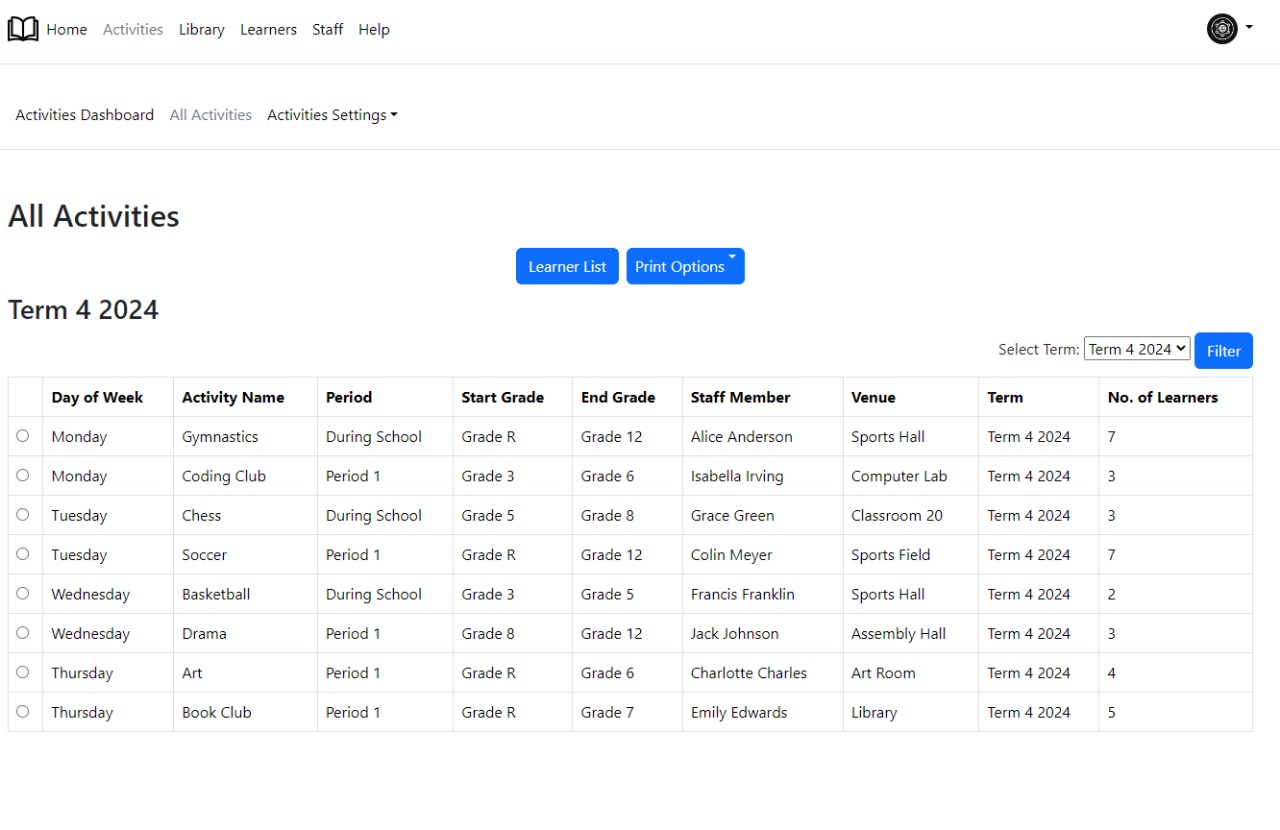 Image of Activities page in software.