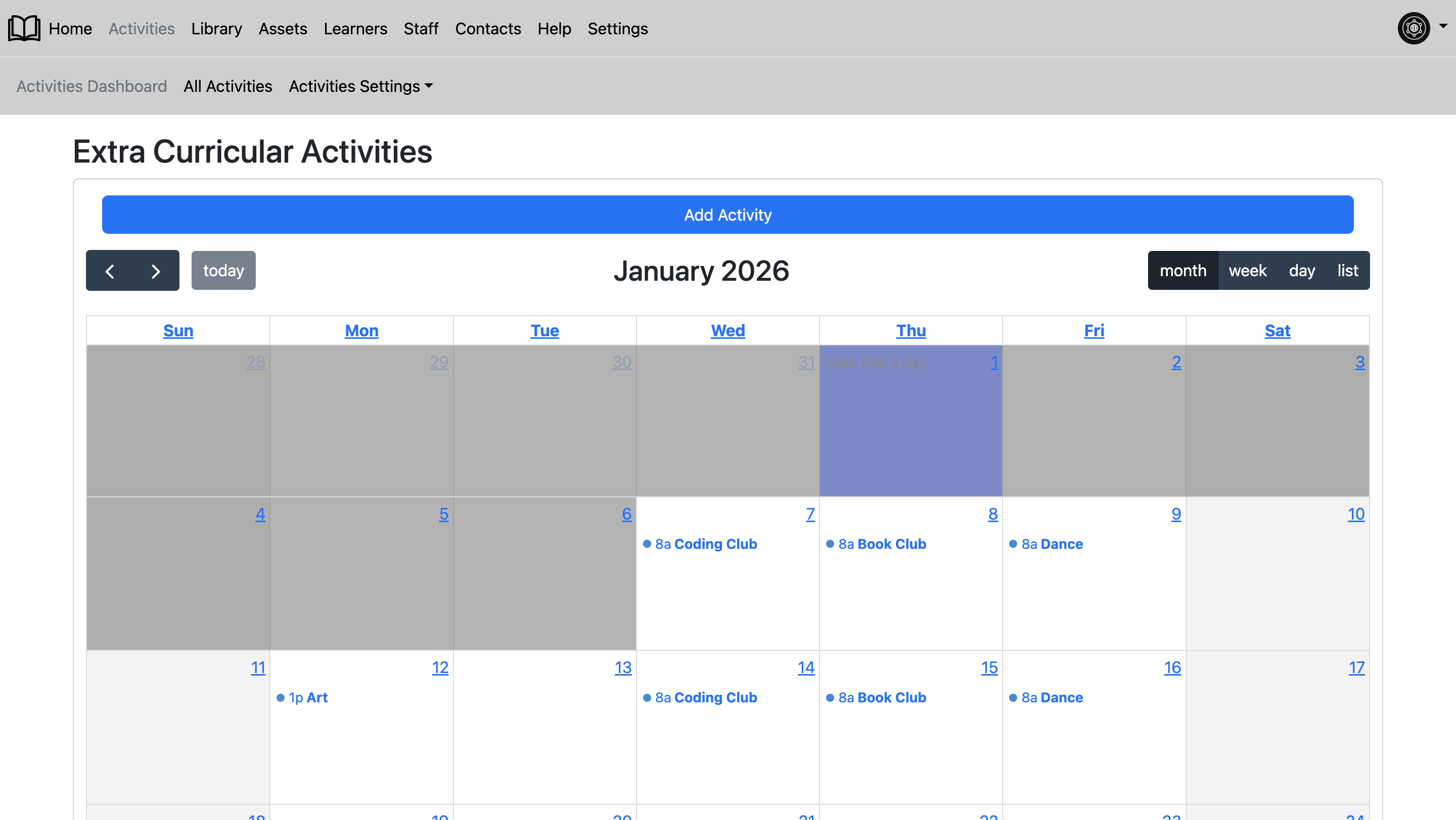 Image of Activities page in software.