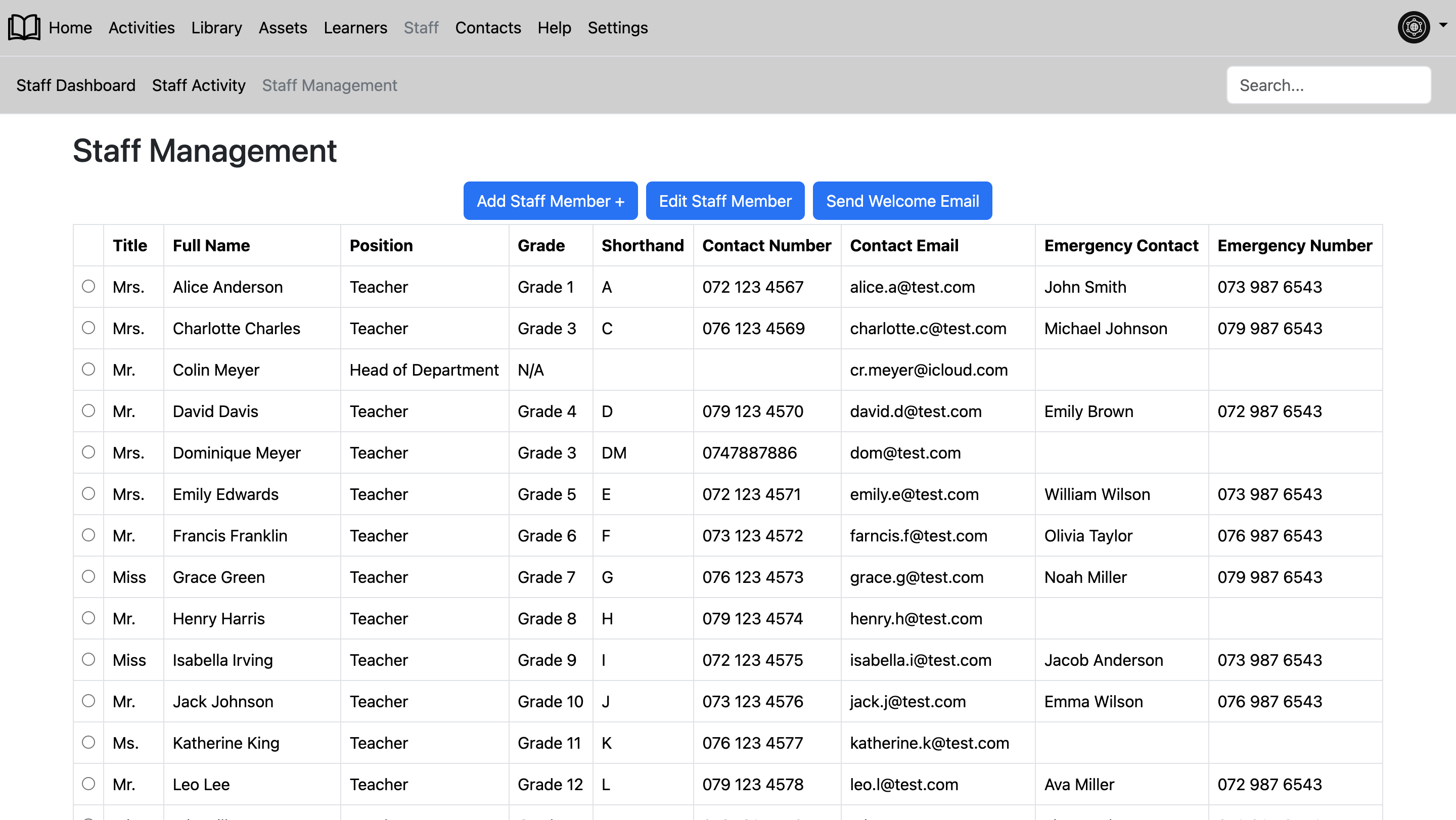 Image of staff member page in software